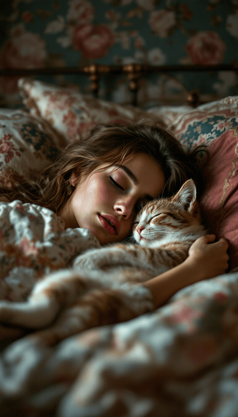 AI generated: a closeup photo of a bohemian woman with rosy skin and a cat, they are cuddled up and sleeping in a ...