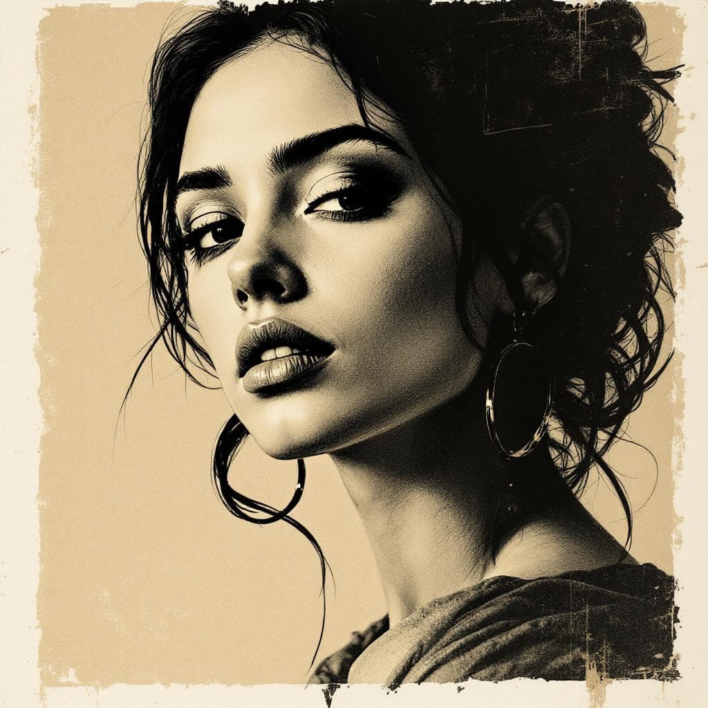 AI generated: vintage distressed poster style, portrayal of a woman, black ink on beige paper, vintage look, white...