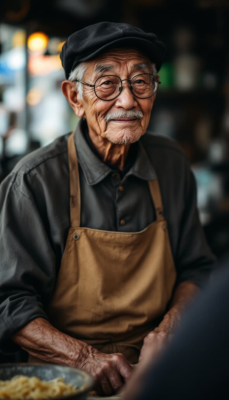 AI generated: Elderly Chinese noodle shop owner in his 70s; wearing traditional gray cotton Mandarin collar shirt ...