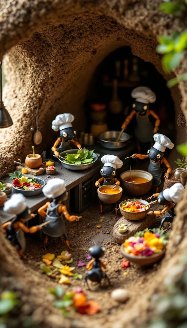 AI generated: "A cozy kitchen inside an anthill, where ants are wearing chef hats and aprons, cooking in tiny pots...
