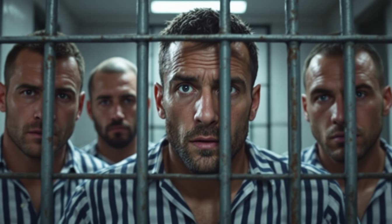 AI generated:  high definition camera shot from behind- five men behind the bars in a jail 