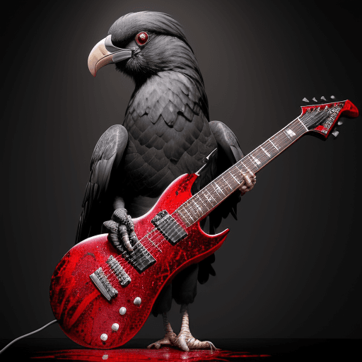 AI generated: Black metallic condor. with a background of blood, standing on a black electric guitar and a red ele...