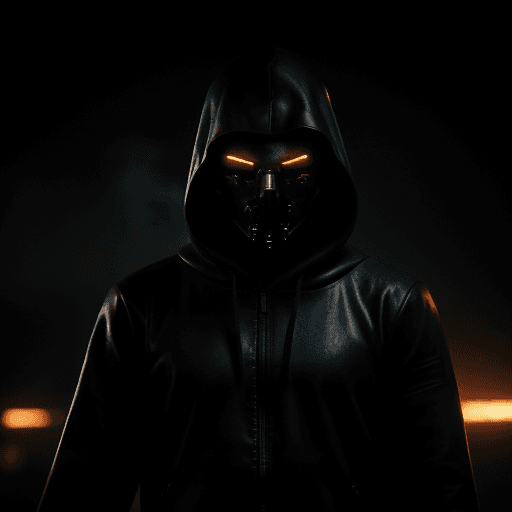 AI generated: cyberpunk, masked man, dark torn hood, dark rainy foggy night, intricate dark and chrome damaged arm...