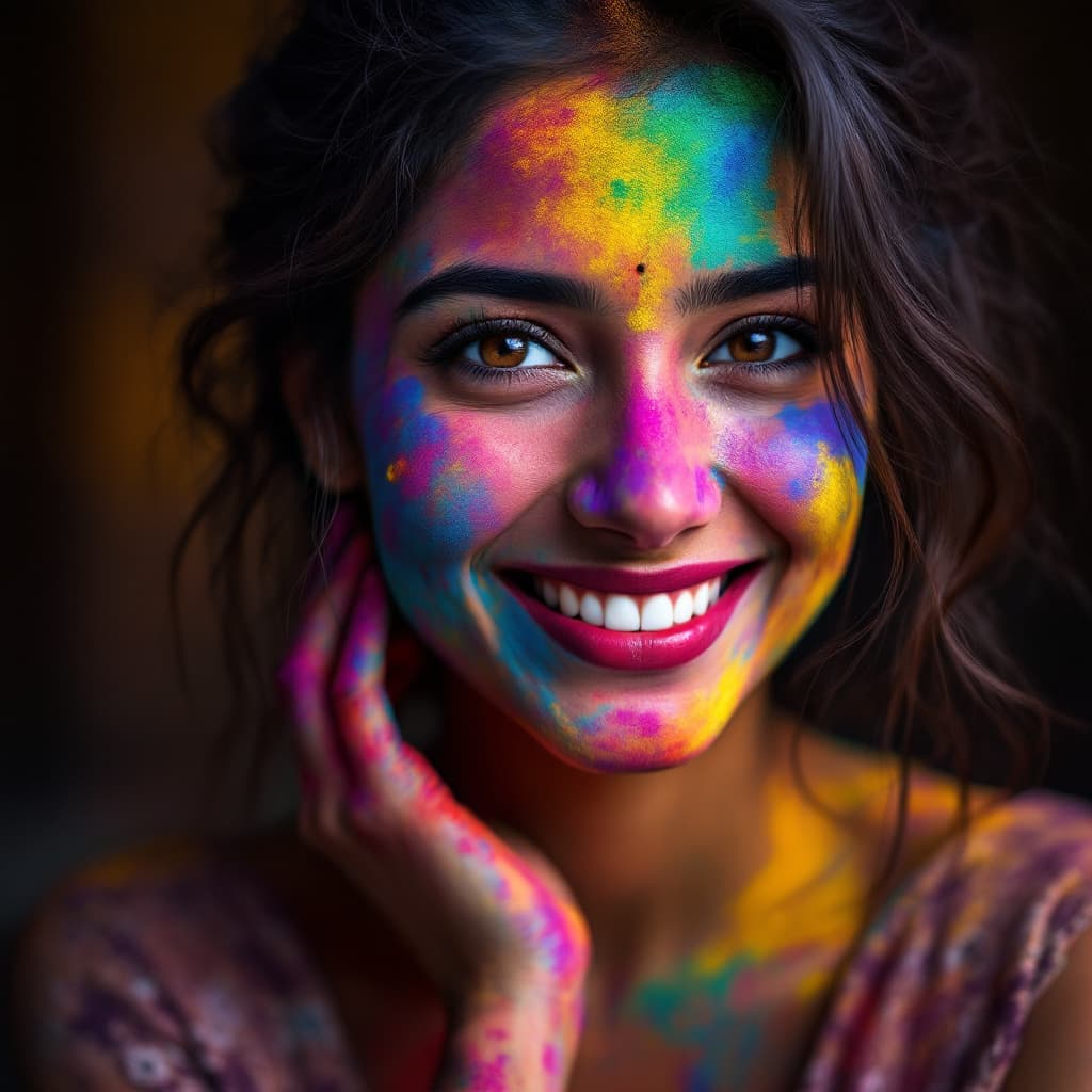 AI generated: "A stunning close-up portrait of a young Indian woman celebrating Holi, her face and hand vibrantly ...