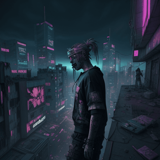AI generated: party person takedrugs on a roof and in the background is a destroyed cyberpunk world