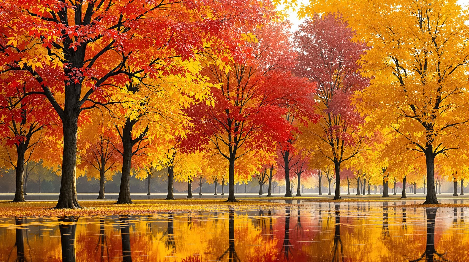AI generated:  In a picturesque close up scene, autumn trees stand tall, their branches heavy with water droplets ...