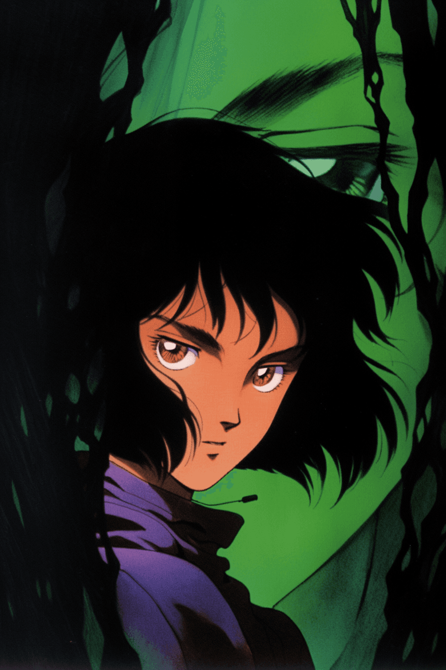 AI generated: A mysterious anime protagonist exploring a hidden world, with mysterious hair, Tracking Shot shot, i...