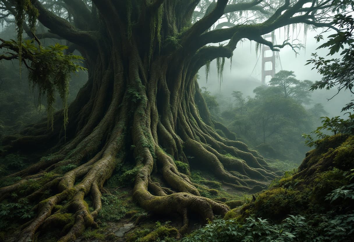AI generated: drone view, Giant tree natural roots architecture of Golden Gate Bridge San Francisco. surrounded by...