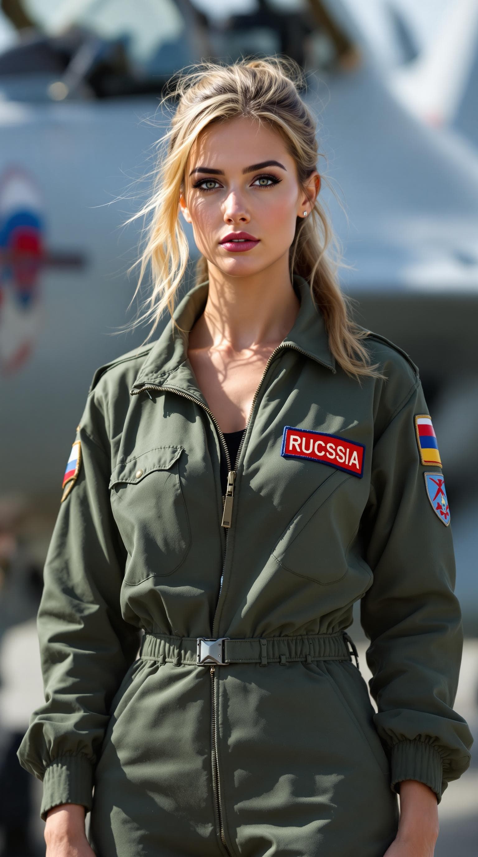 AI generated: A striking Russian Air Force female fighter pilot. She wears a dark green, slightly oversized flight...