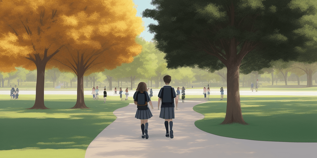 AI generated: Create a graphic that shows a male and female grade school student walking through the park
