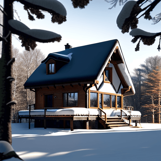 AI generated: Photo of a ultra realistic house in the forest bears, winter, bullfinches on rowan tree, sunny