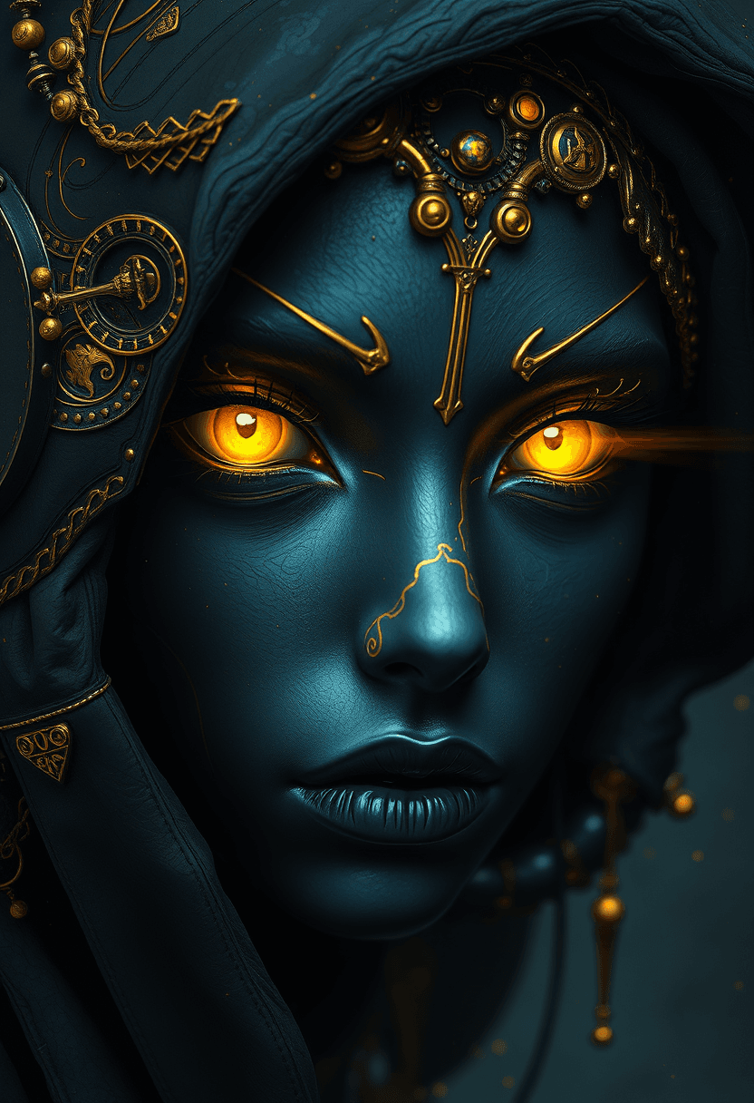 AI generated: Black and gold, a black face with yellow eyes,digital art style.--v 7