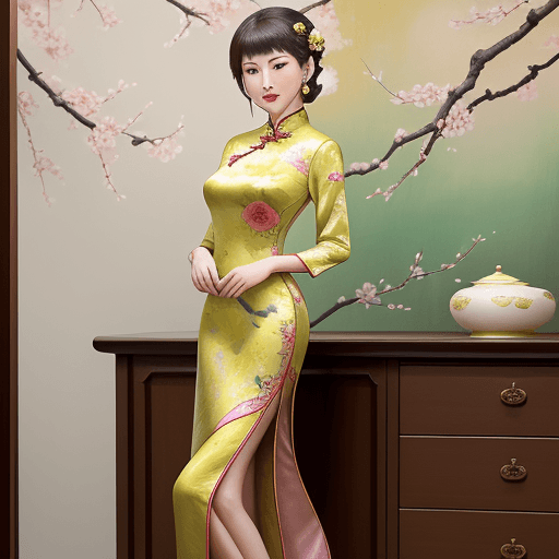 AI generated: An elegant and noble woman wearing a colorful cheongsam and high heels standing in the background of...