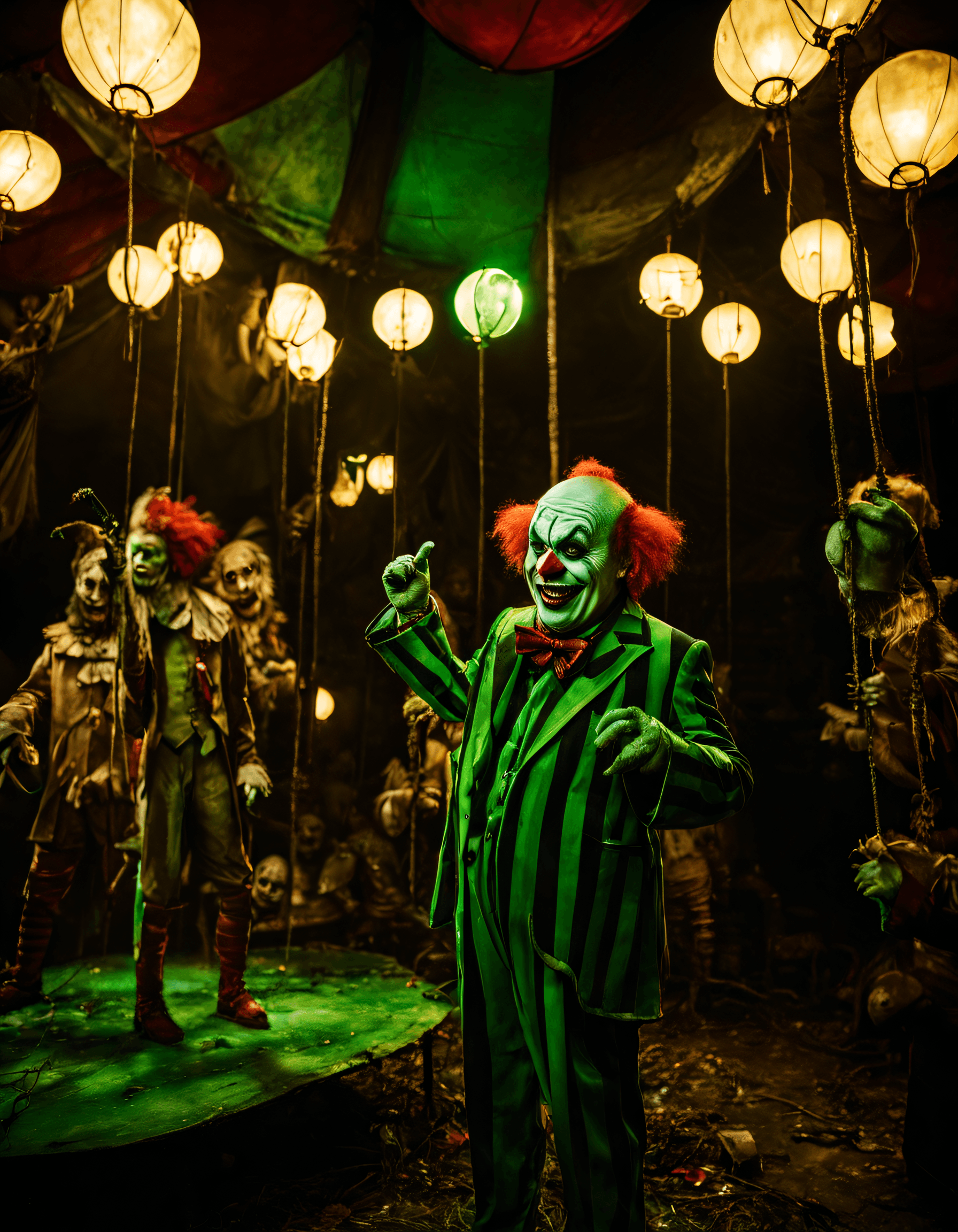 AI generated: Cinematic still filmed by Guillermo del Toro,In the middle of a deep dark forest,A strange circus in...