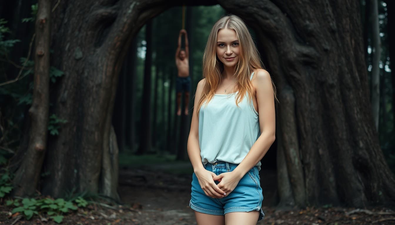 AI generated: young woman, dressed in a pair of vintage blue short shorts and a baggy white tank top, posing in fr...