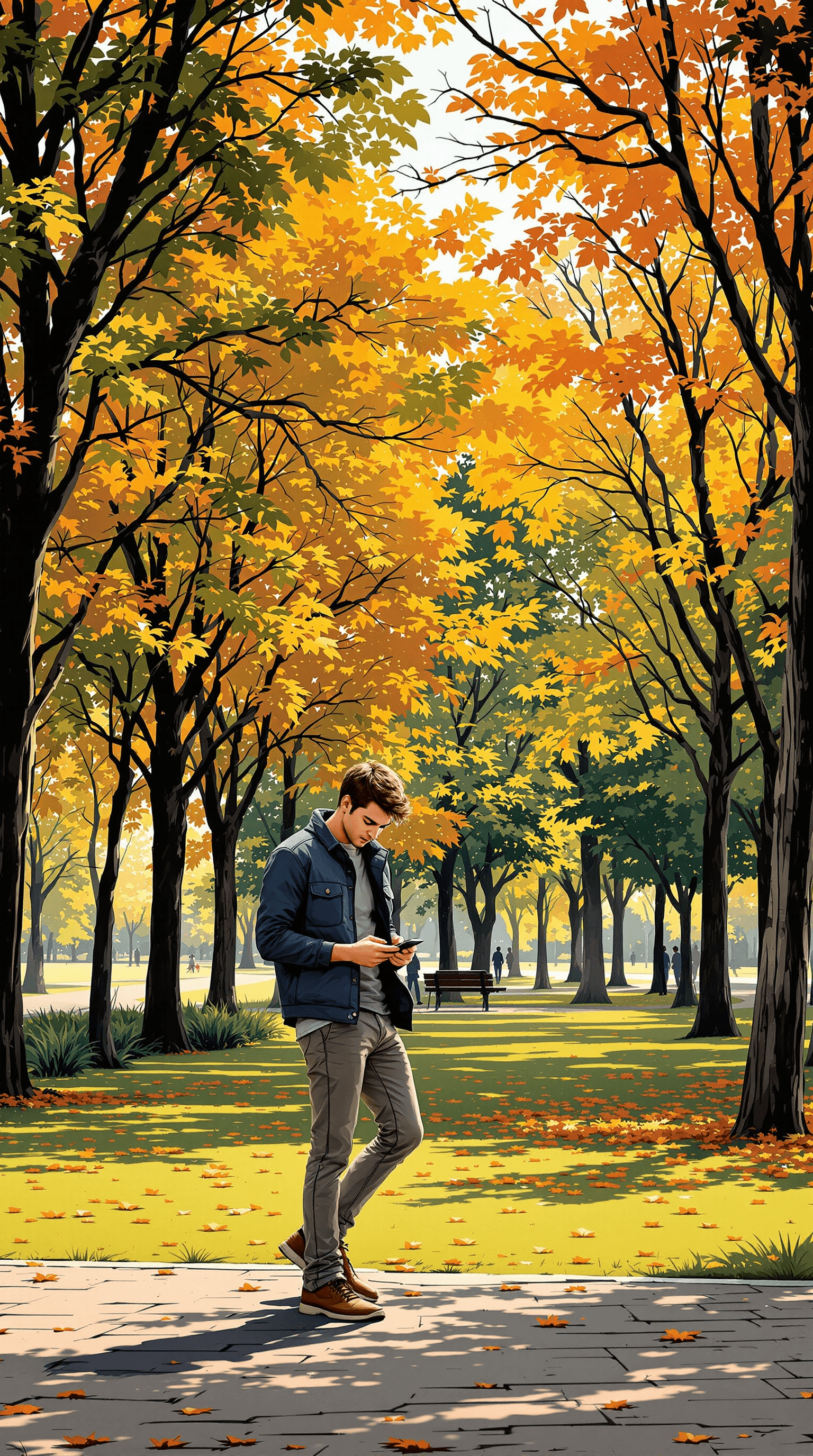 AI generated: a young man in a park standing playing with their mobile, the picture as a Adam Warren style manga d...