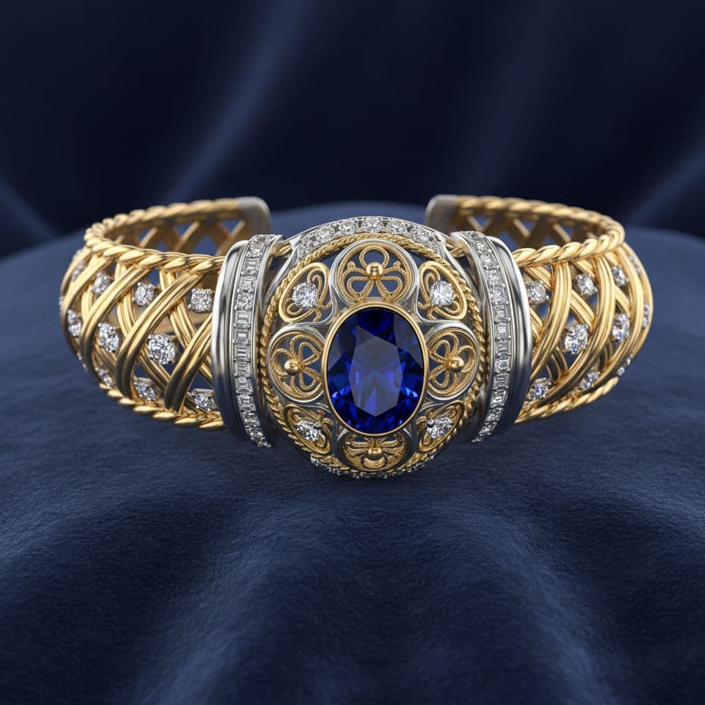 AI generated: A high-detail 3D rendering of an elegant bracelet made of polished gold and silver interwoven strand...