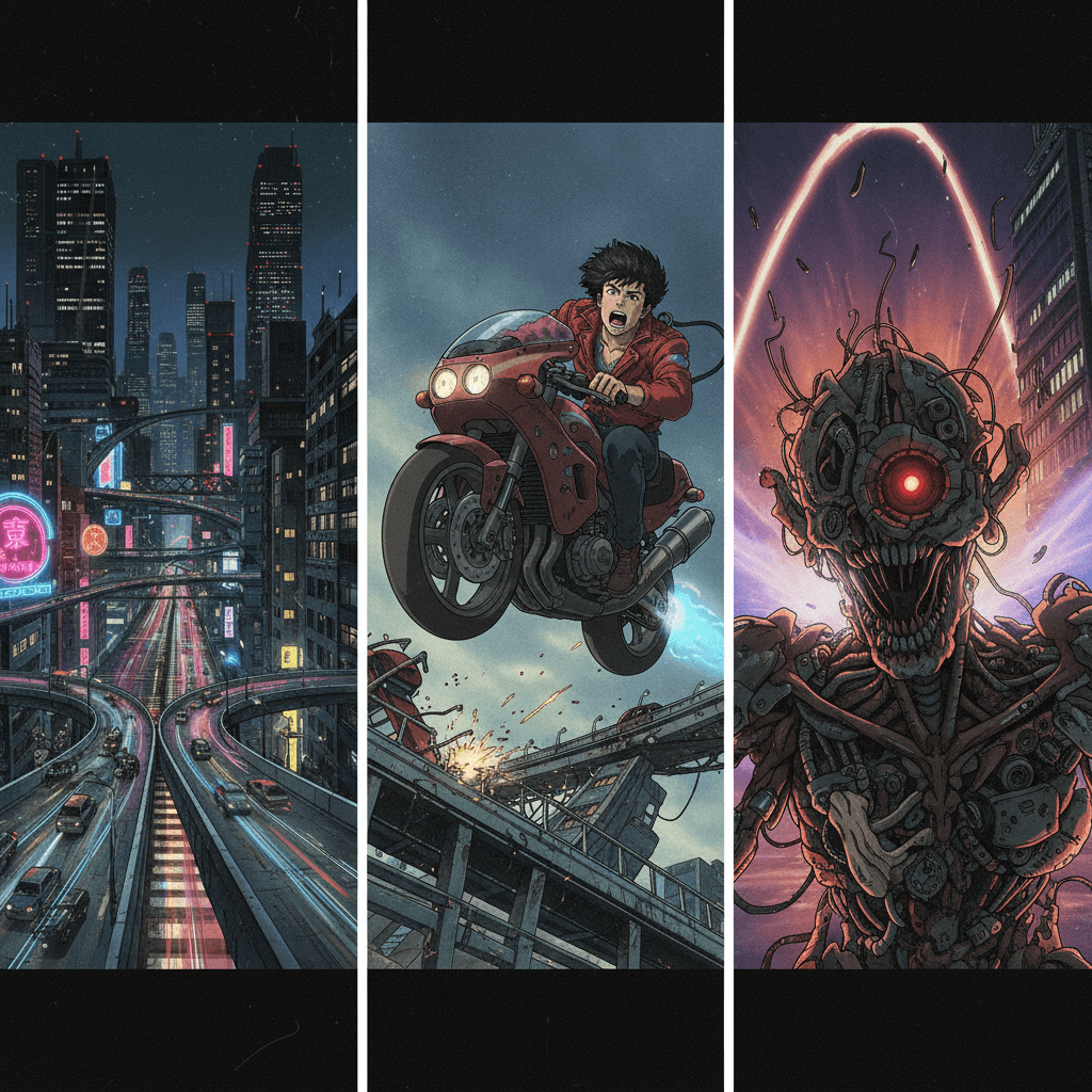 AI generated: Create aesthetic anime screengrab frames in the style of Akira, directed by Katsuhiro Otomo, capturi...