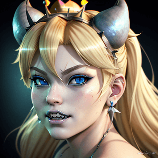 AI generated: Bowsette in the style of Akihiko Yoshida , sharp teeth, beautiful, smooth skin, blue eyes, blonde ha...