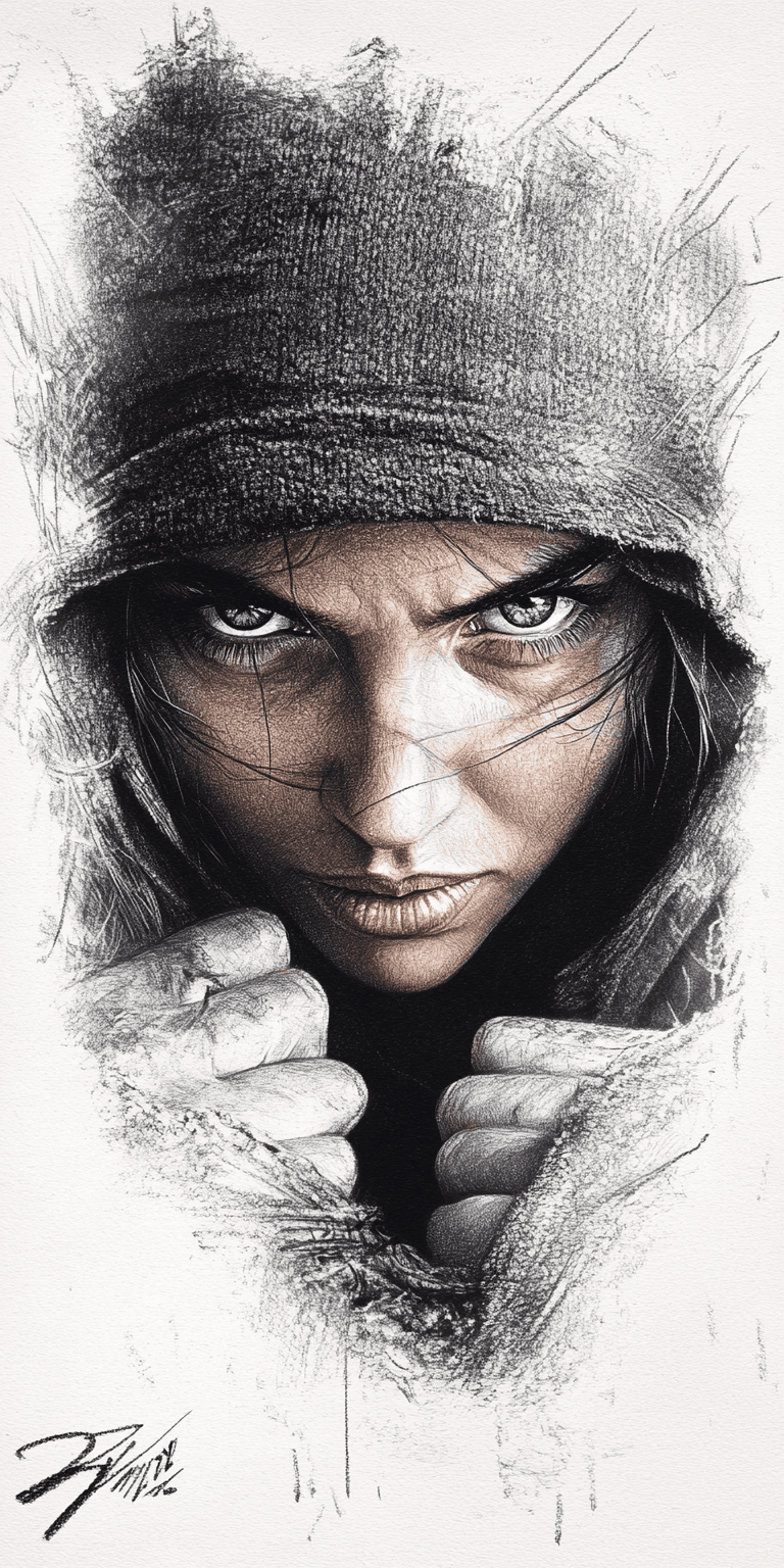 AI generated: An expressionist charcoal sketch, a stunningly beautiful woman with piercing blue-green eyes, bold, ...