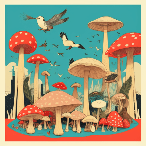 AI generated: a collage illustration of birds and giant mushrooms in a dystopic natural environment, collage retro...