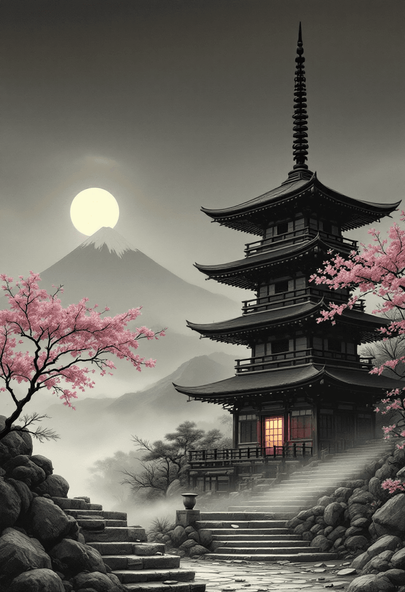 AI generated: An ancient Japanese pagoda, off-center right, simplified wood texture (soft grain, faint cracks), mu...