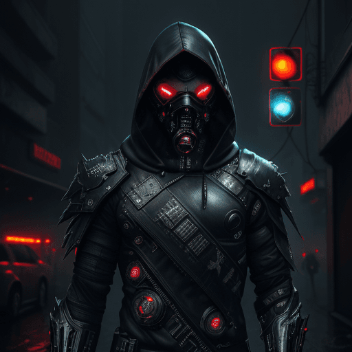 AI generated: cyberpunk, masked man, dark torn hood, dark rainy foggy night, intricate dark and chrome damaged arm...