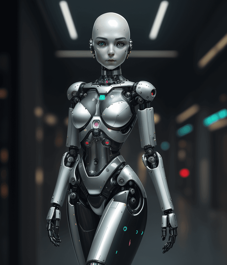 AI generated: fking_scifi_v2, portrait of a robotic girl android, full body, silver shinny skin, robotic, mechanic...