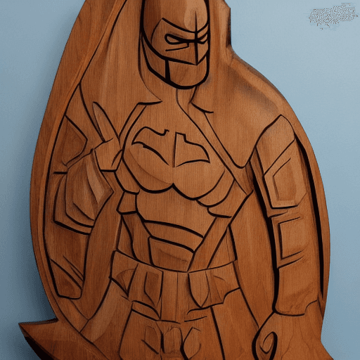 AI generated: a wooden Batman:: made out of wood carving Statue Mural Sculpture, solid wood, in the style of hindú...