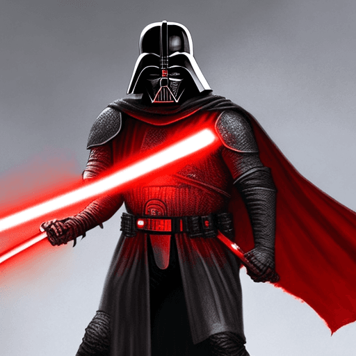 AI generated: medieval darth vader, epic fight scene, holding glowing red flaming sword, full body, hyper realisti...