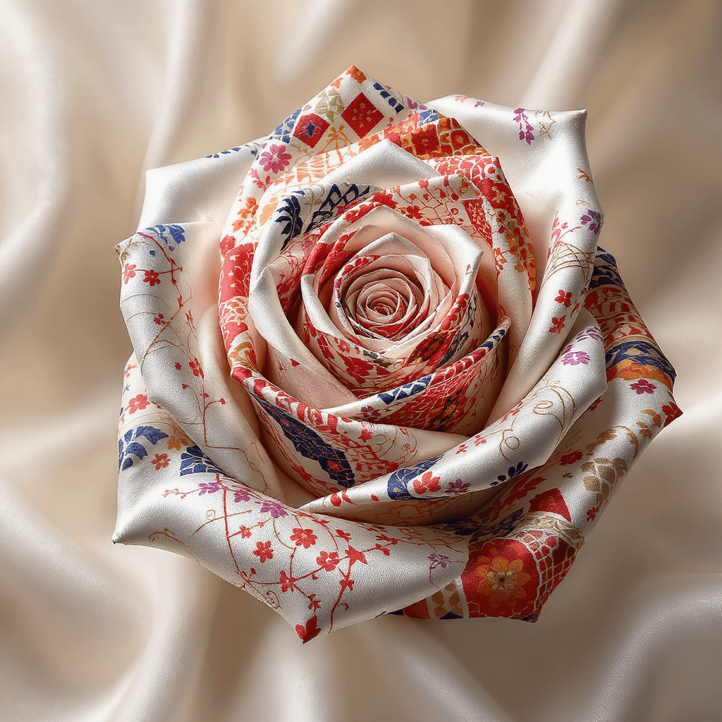 AI generated:  a work of art  in a  glossy satin silk fabric white rose  in 3d, each petals are  made of contrasti...