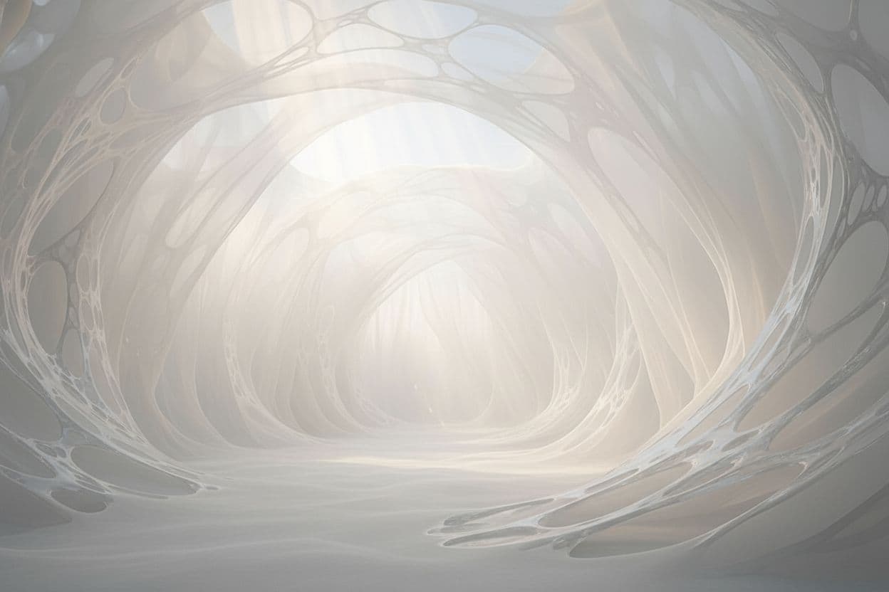 AI generated: a vast luminous interior, ceiling out of frame, bright radiant light pouring from above, translucent...