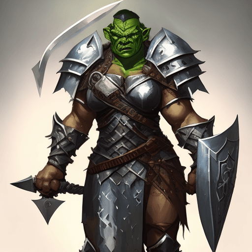 AI generated: A female Half-Orc warrior with a menacing face stands in plate armor with a sword over his shoulder....