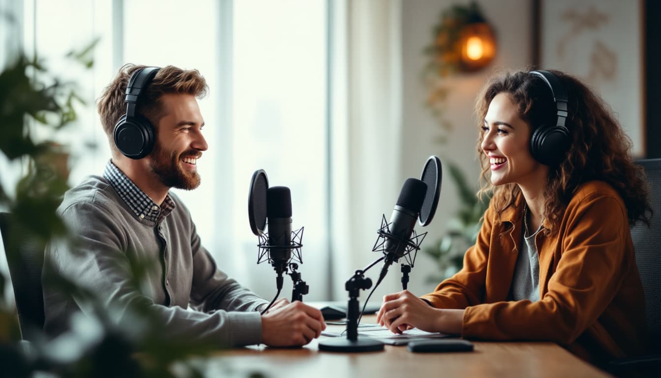 AI generated: Realistic AI duo podcast scene, one man and one woman in mid-conversation, expressive faces, laughin...