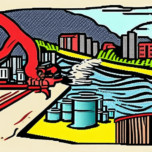 AI generated: factory owner in foreground of factory polluting river with chemicals in the style of Roy Liechtenst...