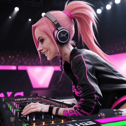 AI generated: RAW photo of female DJ, 24 years old, skinny, (futuristic DJ set:1.2), bright pink hair, messy ponyt...