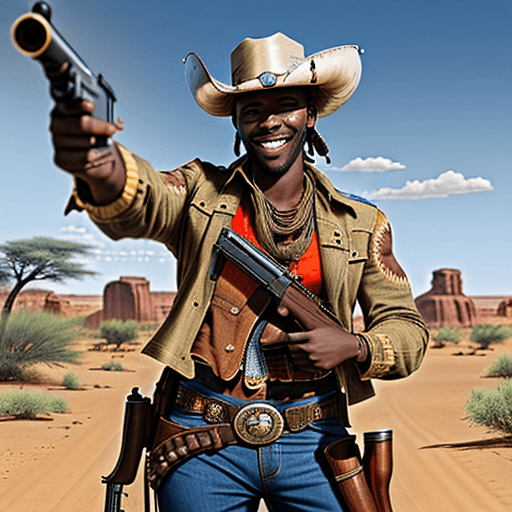 AI generated: a happy african gunslinger, wild west style, 8k, shooting with a revolver, with a long beart, 
