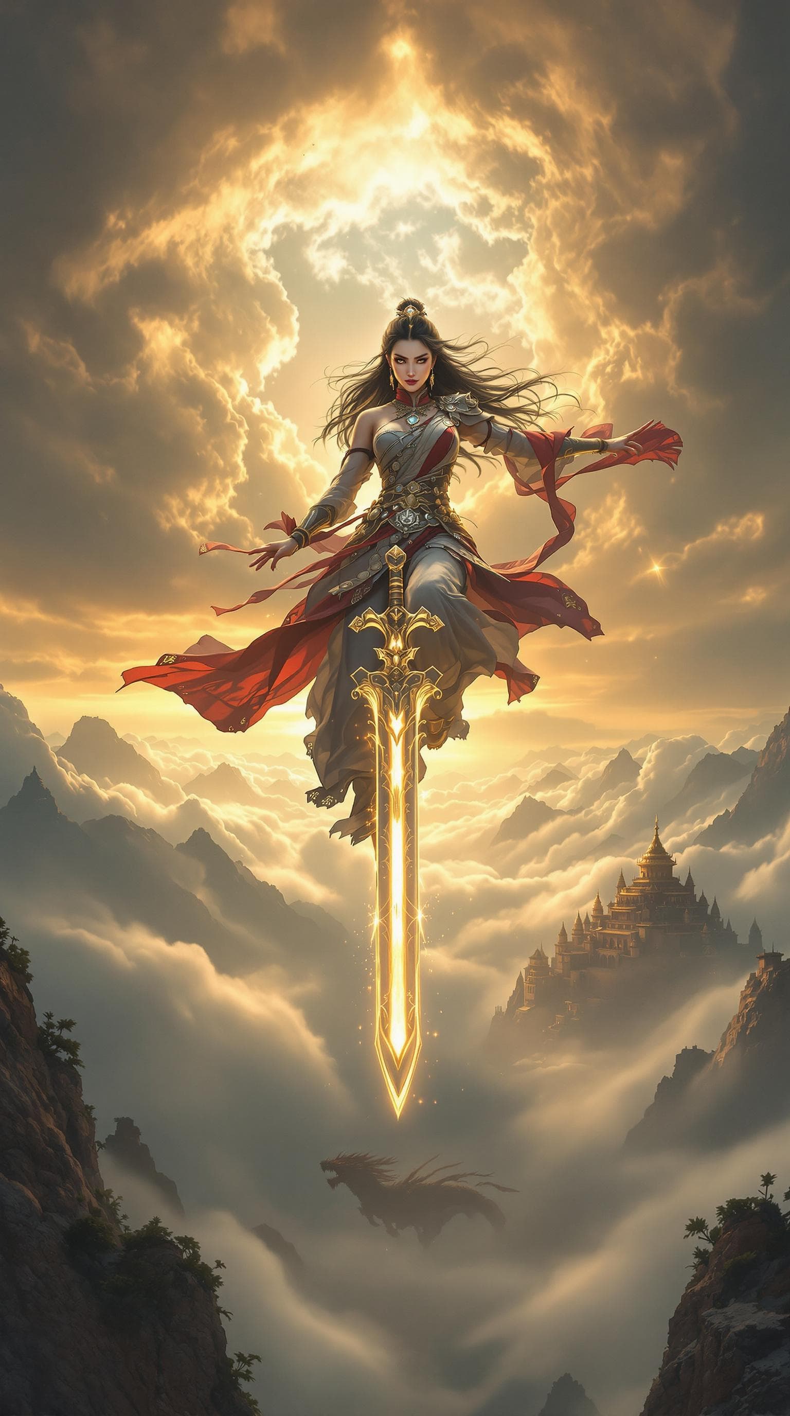 AI generated: An ultra-wide cinematic scene of a fierce and elegant Hmong warrior princess, angel soaring through ...