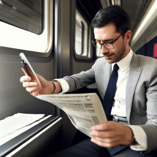 AI generated: Business man in train making a phonecall with a newspaper on his lap. 