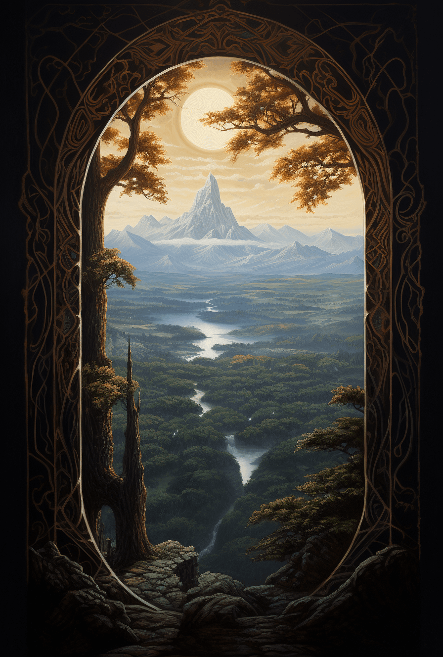 AI generated: An oil painting in the style of Hildebrandt of the view from inside an ancient tree, overlooking a w...
