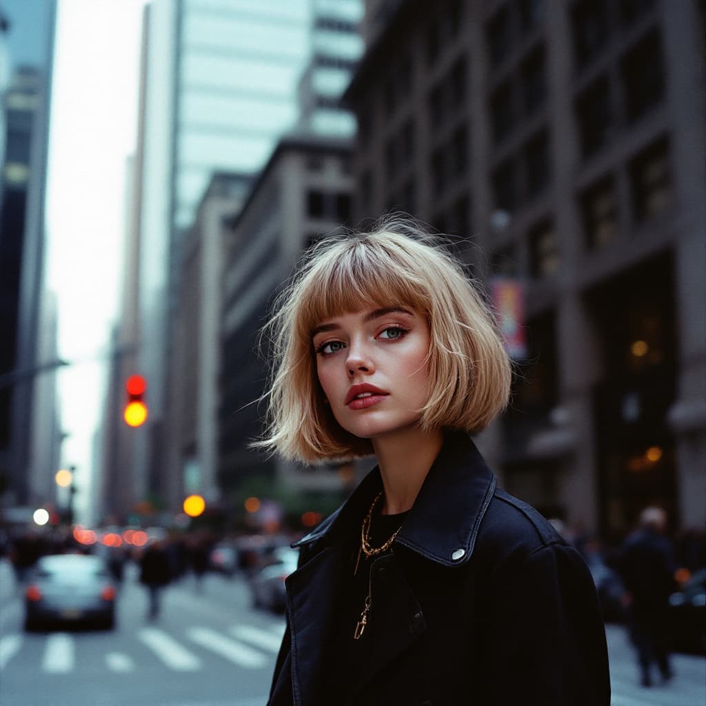 AI generated: Street style photo of a grunge style woman in the streets of 1990 Manhattan standing in front of a s...