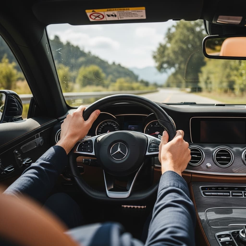 AI generated: je prends le volant d'une mercedes décapotable Professional photography, bokeh, natural lighting, ca...