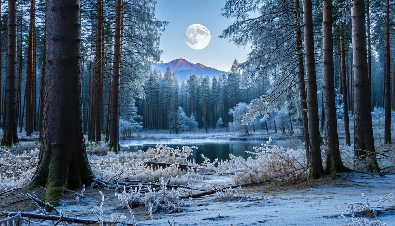 AI generated: The full moon rises over a frost-covered forest, casting a soft, silvery-blue light across the lands...