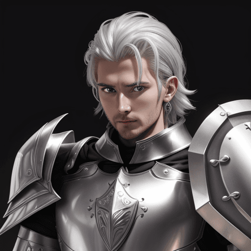 AI generated: paladin human man with silver hears grey big eyes and with a shield on his back, 29 years old skiny ...