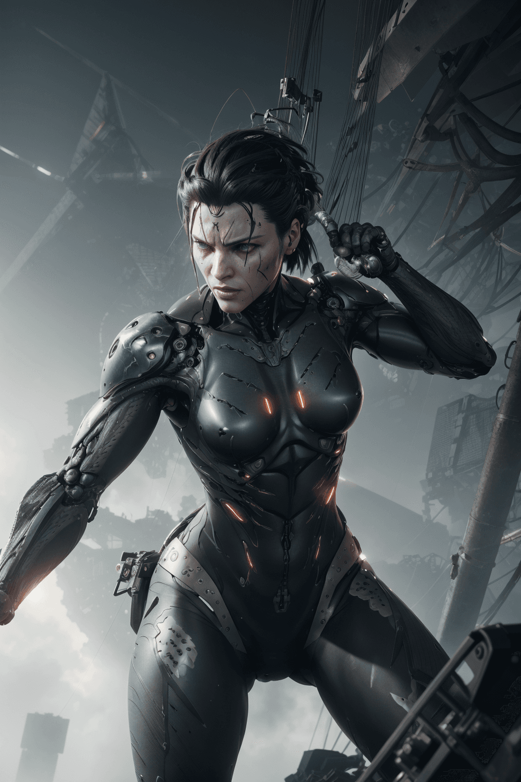 AI generated: professional 3d model finely detailed, brutal, insanely epic scene, action shot, wires and cables pr...