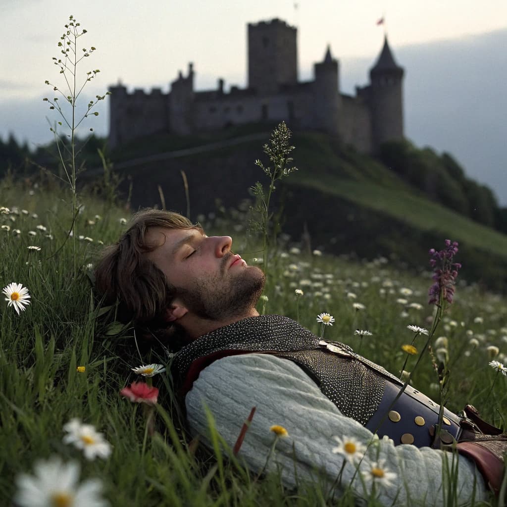 AI generated: DVD screengrab, 1980s cinema of a knight sleeping in a flowerfield and in the background theres an d...