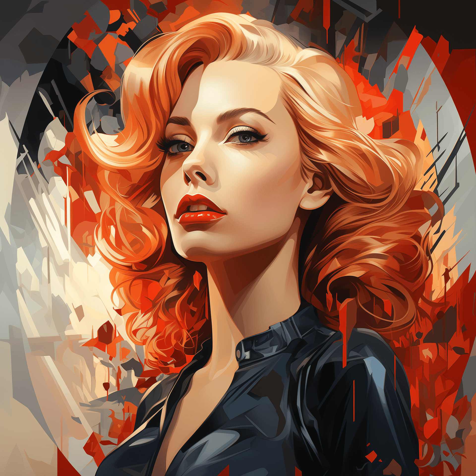 AI generated: A digital illustration of a woman with voluminous, wavy red hair cascading over her shoulders, fair ...