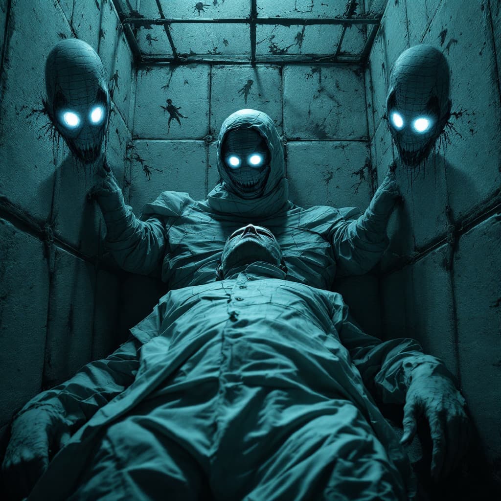 AI generated: close-up portrait of a insane man locked in a padded room.  shadow figures with white eyes coming fr...