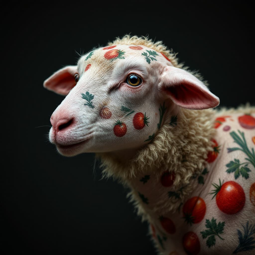 AI generated: photo close up,  studio portrait, hairless, shaved, no hair , bald shaved big fat lamb tattooed  wit...