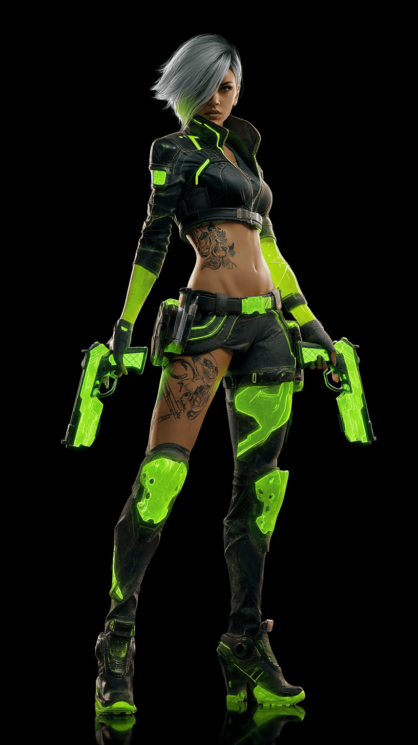 AI generated: A futuristic female mercenary in a Cyberpunk world, dressed in a sleek [black and neon-green armored...
